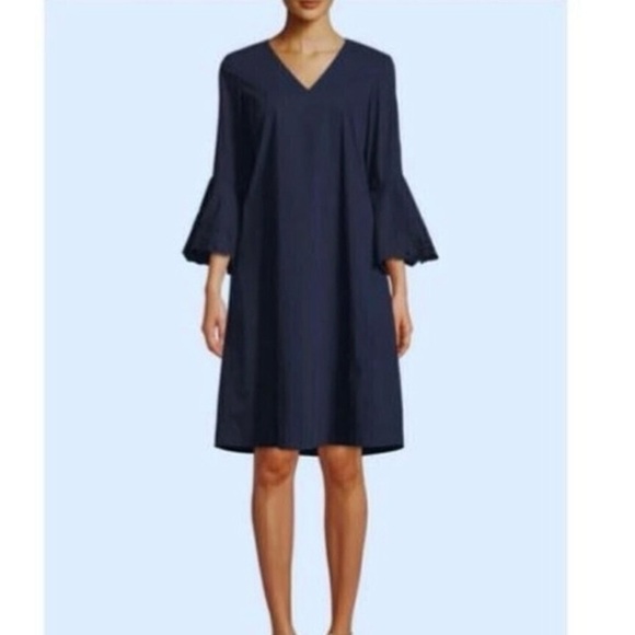 Lafayette 148 Holly Bell Sleeve Shift Dress Large 12 Navy Office Work Career